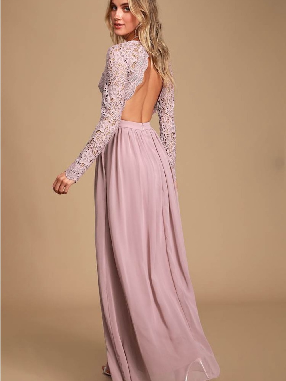 SMALL LULUS AWAKEN MY LOVE LONG SLEEVE LACE MAXI DRESS IN COLOR DUSTY LAVENDER